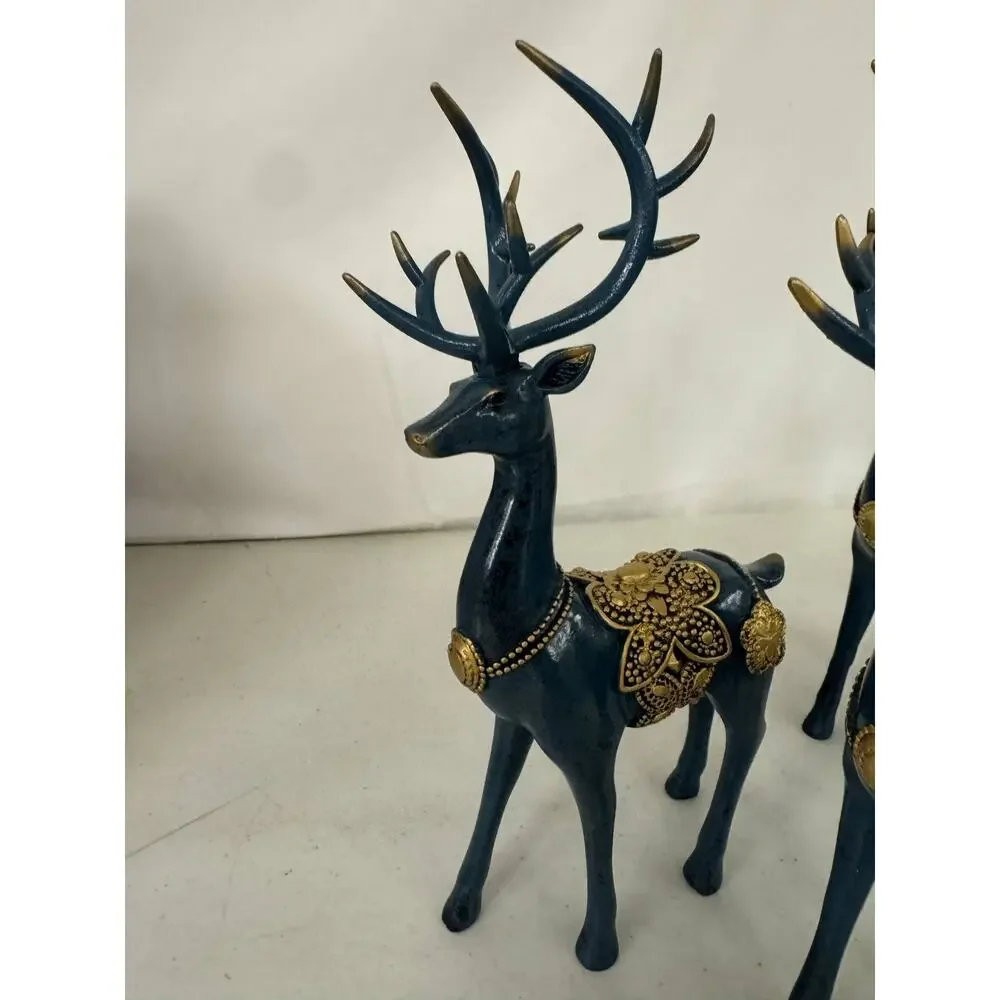 Set of 6 Decorative Deer Figurines Navy Blue Gold Accents Christmas Home Decor